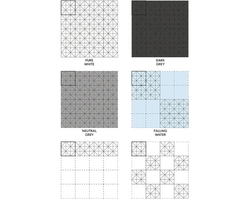 Prehľad rôznych vzorov dlaždíc a farebných vyhotovení s geometrickými trojuholníkovými vzormi v mriežkovom usporiadaní.