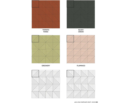 Prehľad nástenných panelov s geometrickými líniovými vzormi v rôznych farbách a vzoroch pokládky.