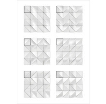 Prehľad šiestich rôznych vzorov pokládky podlahových krytín, ako sú dlaždice alebo terasové platne, s geometrickými líniovými vzormi.
