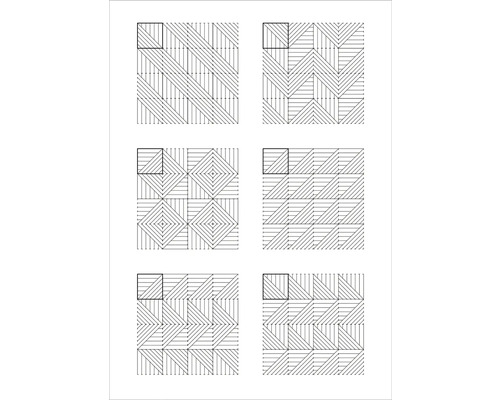 Prehľad šiestich rôznych vzorov pokládky podlahových krytín, ako sú dlaždice alebo terasové platne, s geometrickými líniovými vzormi.