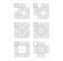 Šesť rôznych vzorov kladenia pre štvorcové podlahové dlaždice s lineárnou štruktúrou v geometrickom usporiadaní.