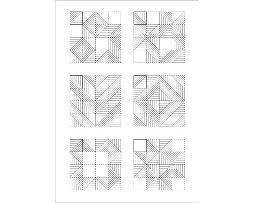Šesť rôznych vzorov kladenia pre štvorcové podlahové dlaždice s lineárnou štruktúrou v geometrickom usporiadaní.
