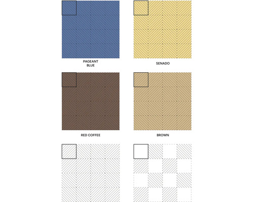 Prehľad geometrických vzorov dlaždíc s diagonálnymi líniami vo vyhotovení ako rybia kosť a sústredné kosoštvorce.