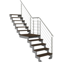 Moderné schodisko s kovovou konštrukciou, tmavými drevenými stupňami a nerezovým zábradlím.
