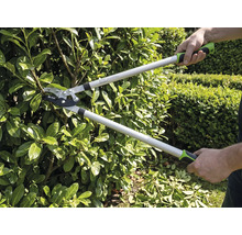 Osoba strihá živý plot na záhrade pomocou pákových nožníc na konáre. Nožnice na konáre majú dlhé rukoväte a ergonomické úchopy.