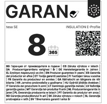 Záruka výrobcu osem rokov na tesniaci profil tesa E-Profil vrátane QR kódu a ikony kalendára.