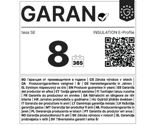 Záruka výrobcu osem rokov na tesniaci profil tesa E-Profil vrátane QR kódu a ikony kalendára.
