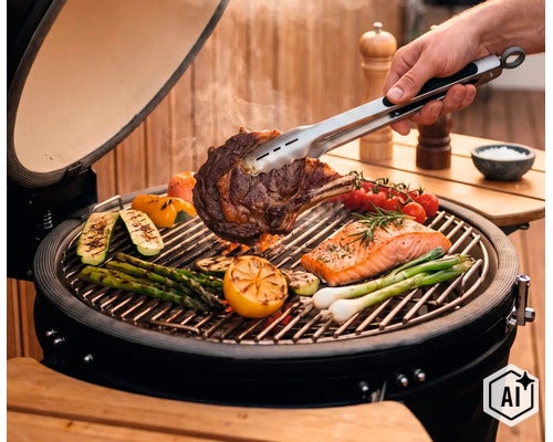 Ruka obracia steak pomocou grilovacích klieští na keramickom grile so zeleninou, lososom a paradajkami na grilovacom rošte. (Image AI modified or generated)