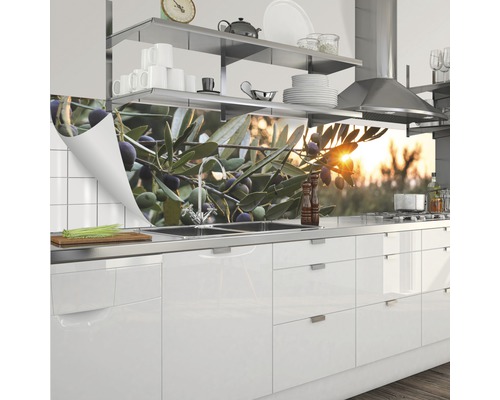 Kuchynská zástena s motívom olivovej vetvy v modernej kuchyni