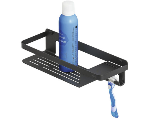 Čierna sprchová polička s penou do sprchy a holiacim strojčekom