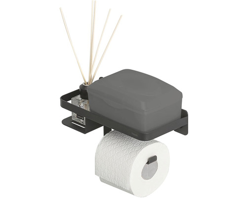 Držiak toaletného papiera s poličkou na kúpeľňové doplnky