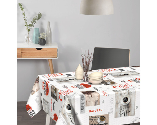 Jedálenský stôl s obrusom s motívom kávy