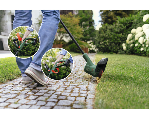 Akumulátorový vyžínač používaný na údržbu trávnika v záhrade.