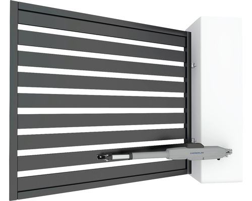 Posuvná brána s pohonom brány a logom Chamberlain