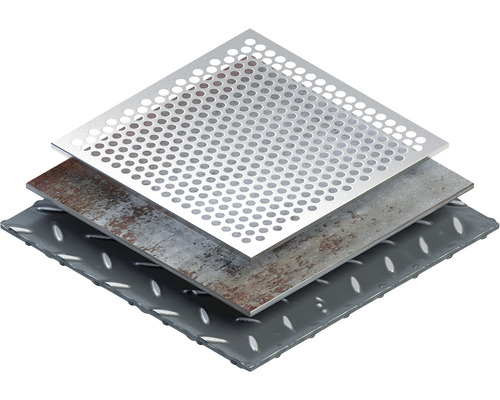 Obrázok dierovaného plechu, oceľového plechu a slzičkového plechu.