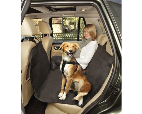 Pes v aute s poťahom na autosedačku pre psov a bezpečnostným pásom
