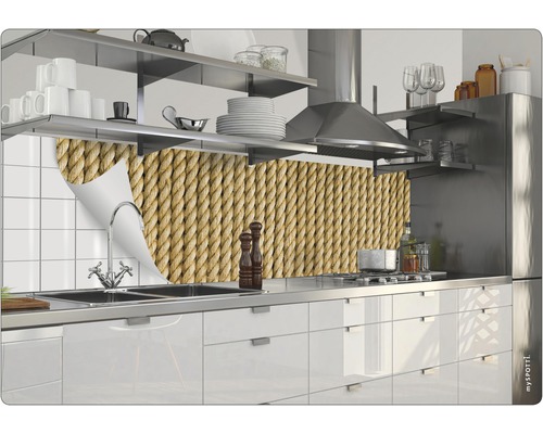 Kuchynská scéna s fóliou na ochranu proti striekajúcej vode v dizajne lana