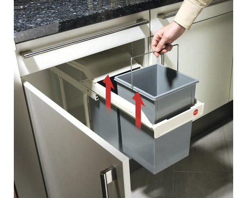 Systém triedenia odpadu pre kuchynskú skrinku s dvoma sivými nádobami a výsuvným mechanizmom
