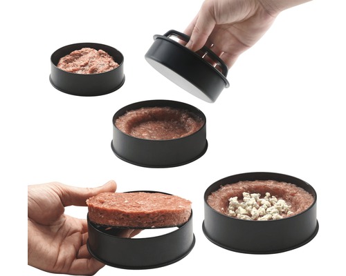 Lis na hamburgery s mäsom a syrom v rôznych fázach prípravy.