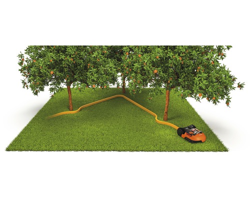 Scéna s robotickou kosačkou, obvodovým drôtom a ovocnými stromami na trávniku