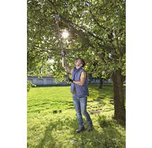 Muž strihá konáre stromu v záhrade teleskopickými nožnicami na konáre.