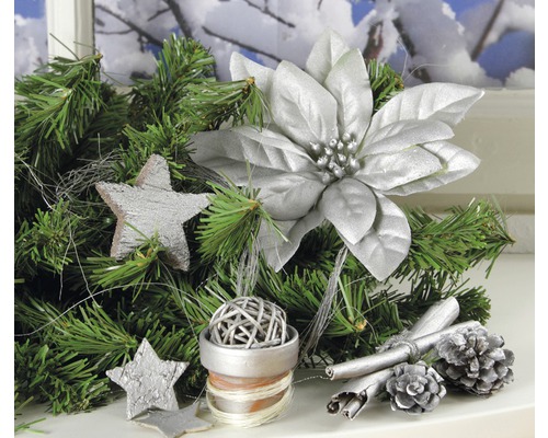 Vianočná dekorácia s jedľovými konármi, hviezdami, vianočnou hviezdou, škoricou a šiškami