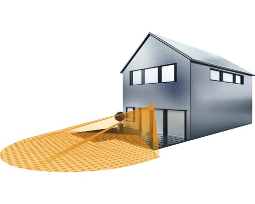 Vonkajší pohľad na dom s bezpečnostnou kamerou a detekčnou zónou