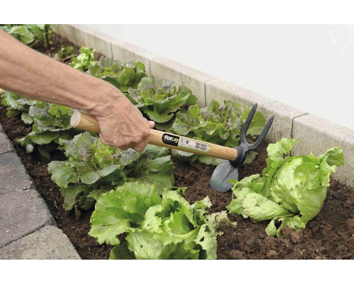 Osoba pracuje s kombinovanou motykou v zeleninovej záhrade.