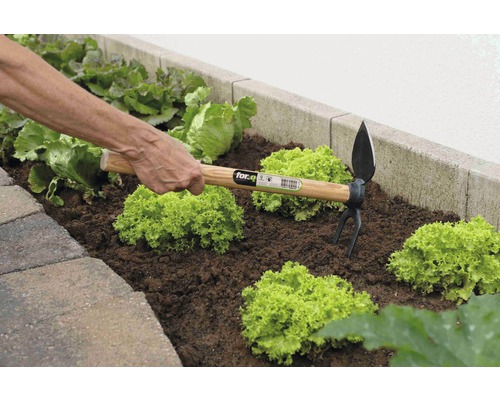 Osoba pracuje s kombinovanou motykou v zeleninovom záhone.