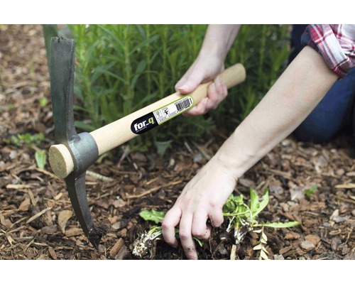 Osoba odstraňuje burinu motykou značky for.q