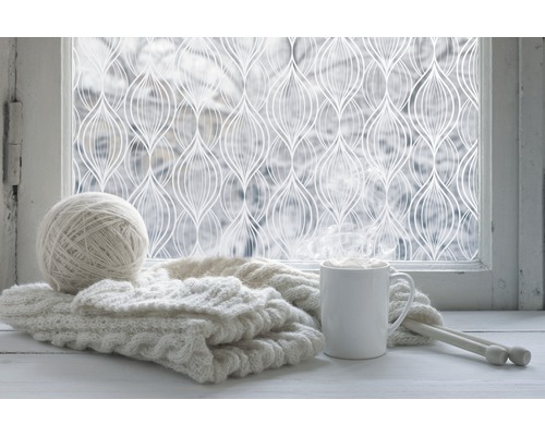 Dekoračná fólia na okne s pletacími potrebami a nápojom