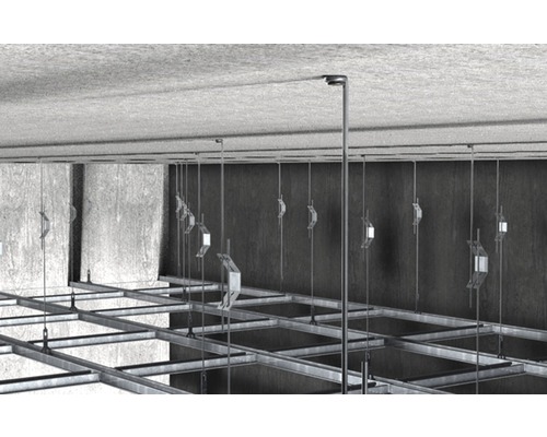 Systém zavesenia stropu s kovovým rámom a upevňovacími prvkami.