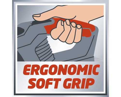 Ilustrácia ruky držiacej ergonomickú rukoväť s textom Ergonomická mäkká rukoväť.