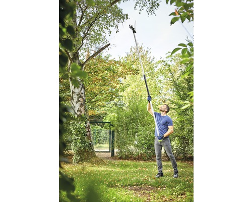 Muž používa záhradné nožnice na konáre na orezávanie konárov zo stromu.