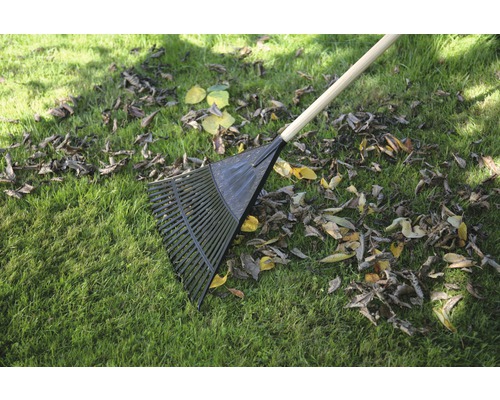 Hrable na trávniku s jesenným lístím