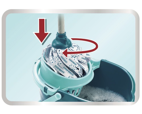 Mop Leifheit vo vedre so žmýkačkou, šípky ukazujú smer otáčania