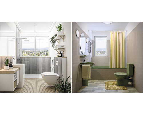 Dva pohľady na kúpeľňu s umývadlom, toaletou, vaňou a sprchou.