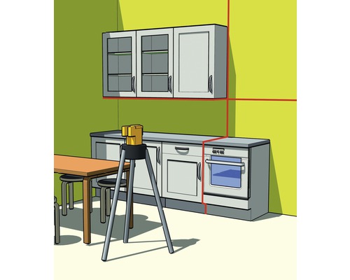 Ilustrácia inštalácie kuchyne s čiarovým laserom na vyrovnanie