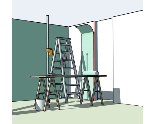 Izba s rebríkom, kozou, valčekom a vedrom na renovačné práce