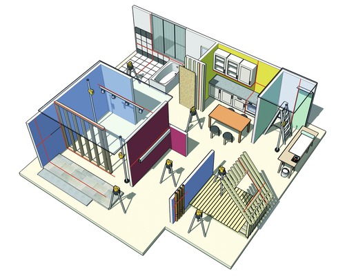 Ilustrácia domu vo výstavbe s laserovými vodováhami na vyrovnanie stien a inštalácií