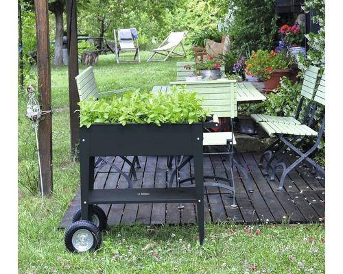 Záhradná scéna s hrantíkom na rastliny, záhradným stolom a záhradnými stoličkami na drevenej terase