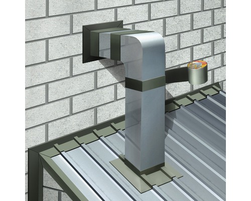 Ilustrácia kovového digestora s tesniacou páskou na tehlovej stene a streche