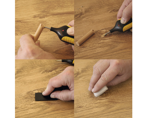 Podrobný návod na opravu laminátových podláh pomocou opravného vosku a taviaceho zariadenia