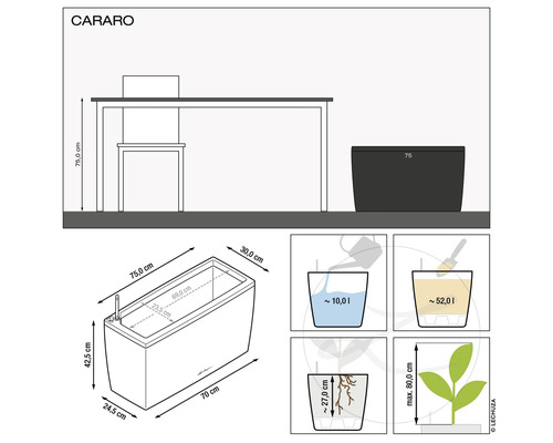 Produktový nákres kvetináča Cararo s rozmermi a objemami náplne.