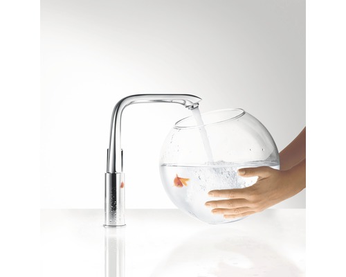 Vodovodná batéria napúšťa sklenenú misu s vodou, v ktorej pláva zlatá rybka.