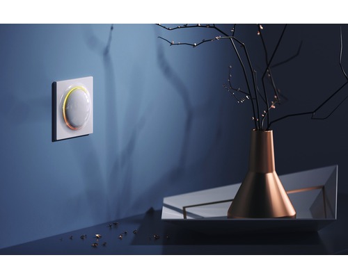 Inteligentný vypínač svetla na stene s dekoratívnou vázou a vetvami na stole.