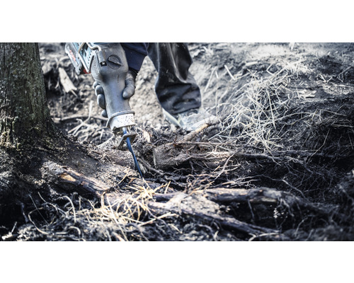 Osoba používa chvostovú pílu na rezanie koreňov.