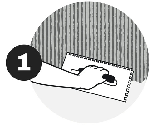 Ilustrácia ruky nanášajúcej lepidlo na stenu pomocou špachtle na aplikáciu tapety, krok 1