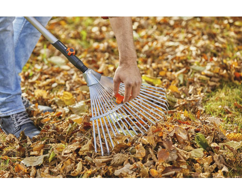 Hrabanie lístia hrabľami na lístie na trávniku