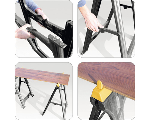 Viacnásobný pohľad na skladaciu kozovú konštrukciu na podopretie obrobkov